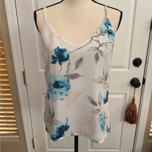 White House Black Market White and Blue V-Neck Sleeveless Camisole